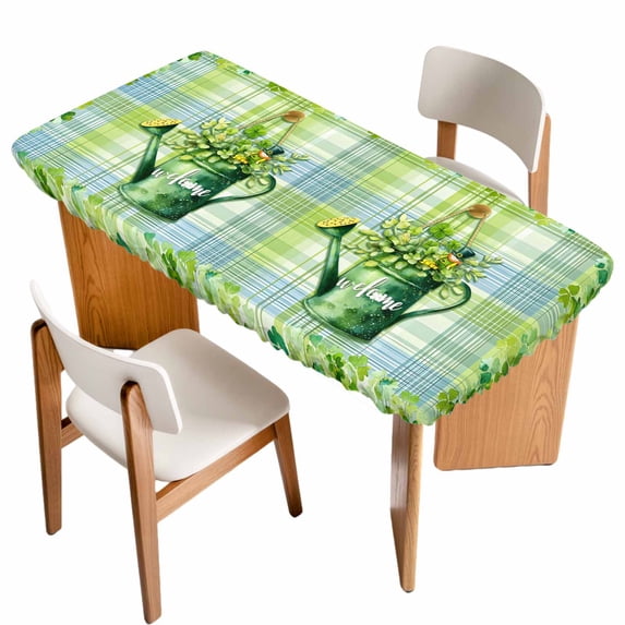 St. Patrick's Day Table Cloths for 6 Foot Rectangle Tables, Green Shamrock Watering Can Leaf Plaid Patio Waterproof Elastic Fitted Tablecloths, Washable Rectangular Table Cover for Camping