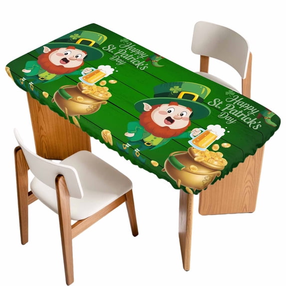 St. Patrick's Day Table Cloths for 6 Foot Rectangle Tables, Lucky Shamrock Gnomes Beer Coin Wood Green Patio Waterproof Elastic Fitted Tablecloths, Washable Rectangular Table Cover for Camping