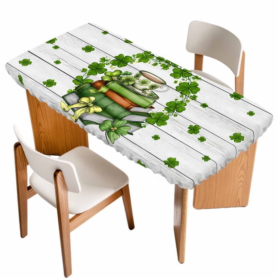 St Patrick's Day Table Cloths for 6 Foot Rectangle Tables, Lucky Shamrock Leaf Books Coffee Cups Wooden Patio Waterproof Elastic Fitted Tablecloths, Washable Rectangular Table Cover for Camping
