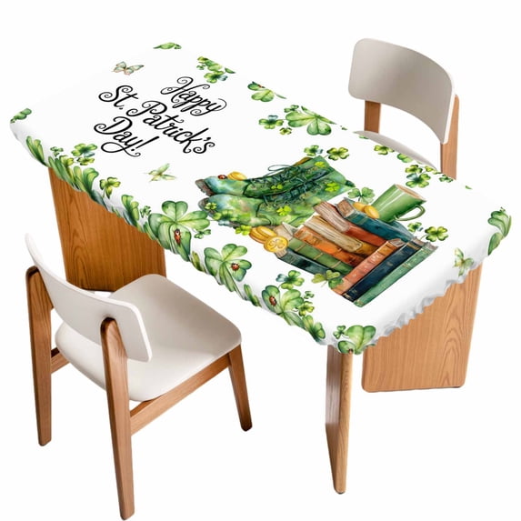 St. Patrick's Day Table Cloths for 6 Foot Rectangle Tables, Lucky Shamrocks Boots Books Green Plants Patio Waterproof Elastic Fitted Tablecloths, Washable Rectangular Table Cover for Camping