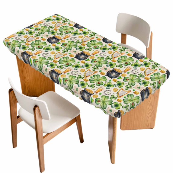 St. Patrick's Day Table Cloths for 6 Foot Rectangle Tables, Lucky Shamrocks Retro Harp Beer Horseshoes Patio Waterproof Elastic Fitted Tablecloths, Washable Rectangular Table Cover for Camping
