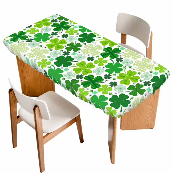 St. Patrick's Day Table Cloths for 6 Foot Rectangle Tables, Lucky Shamrocks Spring Leaves Botanical Patio Waterproof Elastic Fitted Tablecloths, Washable Rectangular Table Cover for Camping