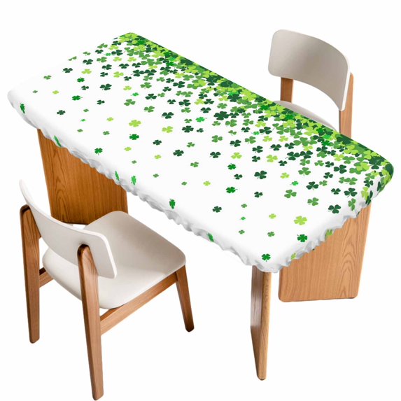 St. Patrick's Day Table Cloths for 6 Foot Rectangle Tables, Spring Lucky Shamrocks Rustic Leaves Patio Waterproof Elastic Fitted Tablecloths, Washable Rectangular Table Cover for Camping