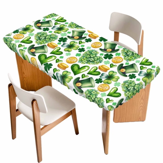 St. Patrick's Day Table Cloths for 6 Foot Rectangle Tables, Spring Shamrocks Green Love Heart Hats Patio Waterproof Elastic Fitted Tablecloths, Washable Rectangular Table Cover for Camping