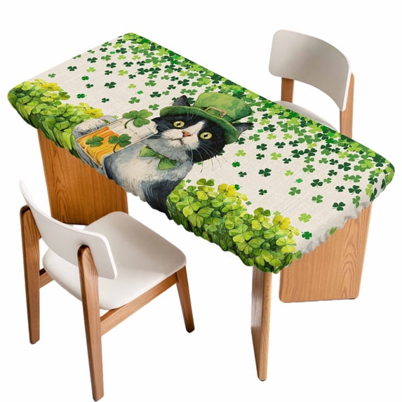 St. Patrick's Day Table Cloths for 6 Foot Rectangle Tables, Vintage Cute Cat Beer Green Clovers Patio Waterproof Elastic Fitted Tablecloths, Washable Rectangular Table Cover for Camping