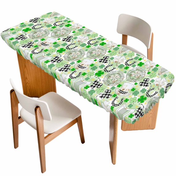 St. Patrick's Day Table Cloths for 8 Foot Rectangle Tables, Green Black Plaid Lucky Clovers Check Patio Waterproof Elastic Fitted Tablecloths, Washable Rectangular Table Cover for Camping