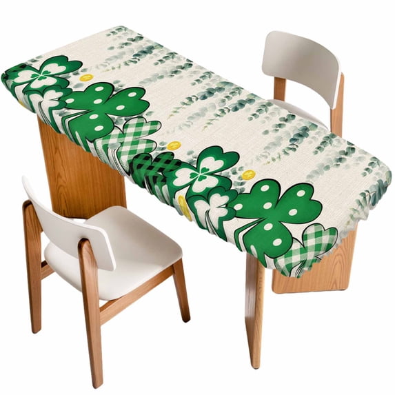 St. Patrick's Day Table Cloths for 8 Foot Rectangle Tables, Green Shamrocks Leaf Polka Dots Beige Patio Waterproof Elastic Fitted Tablecloths, Washable Rectangular Table Cover for Camping