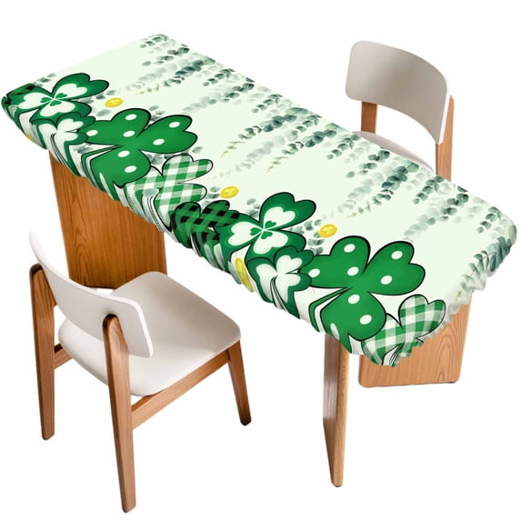 St. Patrick's Day Table Cloths for 8 Foot Rectangle Tables, Green Shamrocks Leaf Polka Dots Patio Waterproof Elastic Fitted Tablecloths, Washable Rectangular Table Cover for Camping