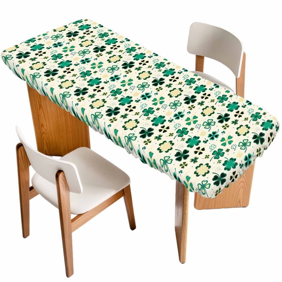 St. Patrick's Day Table Cloths for 8 Foot Rectangle Tables, Lucky Shamrock Leaves Botanical Beige Patio Waterproof Elastic Fitted Tablecloths, Washable Rectangular Table Cover for Camping