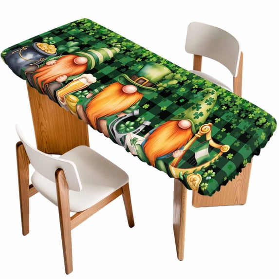 St. Patrick's Day Table Cloths for 8 Foot Rectangle Tables, Lucky Shamrocks Harp Beer Farmhouse Plaid Patio Waterproof Elastic Fitted Tablecloths, Washable Rectangular Table Cover for Camping