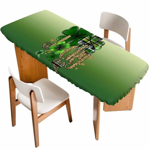 St. Patrick's Day Table Cloths for 8 Foot Rectangle Tables, Ombre Green Shamrock Gold Lucky Love Spring Patio Waterproof Elastic Fitted Tablecloths, Washable Rectangular Table Cover for Camping