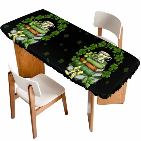St Patrick's Day Table Cloths for 8 Foot Rectangle Tables, Shamrock Leaf Coffee Cups Books Dark Green Patio Waterproof Elastic Fitted Tablecloths, Washable Rectangular Table Cover for Camping