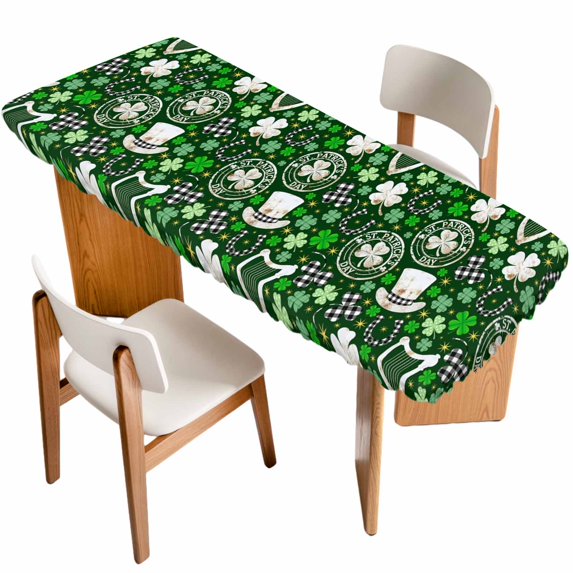 St. Patrick's Day Table Cloths for 8 Foot Rectangle Tables, Spring Green Lucky Leaf Harps Hats Patio Waterproof Elastic Fitted Tablecloths, Washable Rectangular Table Cover for Camping