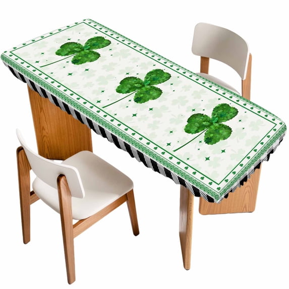 St. Patrick's Day Table Cloths for 8 Foot Rectangle Tables, Spring Green Shamrock Black White Plaid Patio Waterproof Elastic Fitted Tablecloths, Washable Rectangular Table Cover for Camping