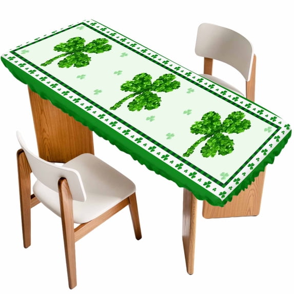 St. Patrick's Day Table Cloths for 8 Foot Rectangle Tables, Spring Green Shamrock Leaves Plaid Patio Waterproof Elastic Fitted Tablecloths, Washable Rectangular Table Cover for Camping