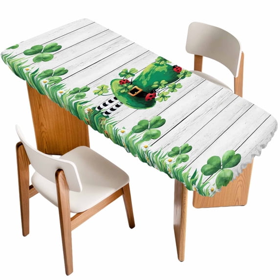 St. Patrick's Day Table Cloths for 8 Foot Rectangle Tables, Spring Shamrock Hat Daisy Ladybirds Wood Gray Patio Waterproof Elastic Fitted Tablecloths, Washable Rectangular Table Cover for Camping