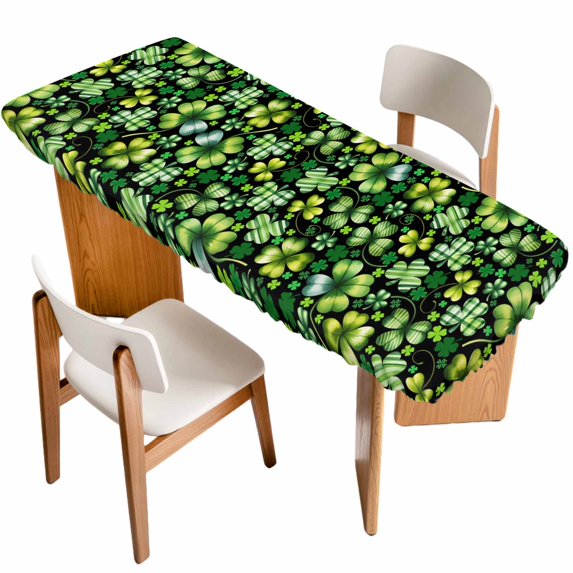 St. Patrick's Day Table Cloths for 8 Foot Rectangle Tables, Watercolor Lucky Shamrocks Spring Leaves Patio Waterproof Elastic Fitted Tablecloths, Washable Rectangular Table Cover for Camping