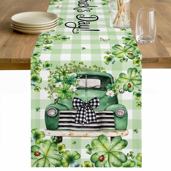 St. Patrick's Day Table Runner - 108 Inch Long Green Truck Leaf Flowers Butterfly Plaid Cotton and Linen Blended Dress Scarves Farmhouse Table Runner for Kitchen Dining, Coffee Table, 13" x 108"