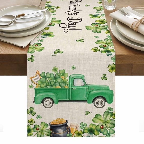 St. Patrick's Day Table Runner - 108 Inch Long, Kitchen Dining Table Runner Dresser Scarves, Green Truck Lucky Shamrocks Flags Retro Farmhouse Decor for Coffee Tables Wedding Party Banquet