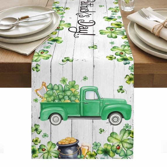 St. Patrick's Day Table Runner - 108 Inch Long, Kitchen Dining Table Runner Dresser Scarves, Green Truck Lucky Shamrocks Rustic Wooden Farmhouse Decor for Coffee Tables Wedding Party Banquet