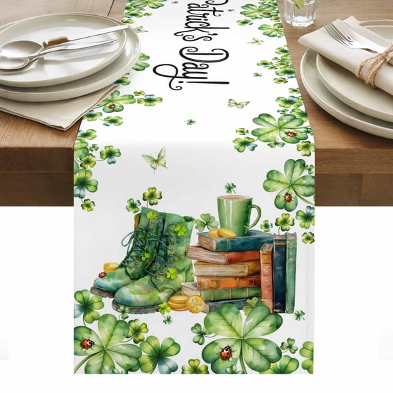 St. Patrick's Day Table Runner - 108 Inch Long, Kitchen Dining Table Runner Dresser Scarves, Lucky Shamrocks Boots Books Green Plants Farmhouse Decor for Coffee Tables Wedding Party Banquet