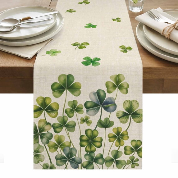 St. Patrick's Day Table Runner - 108 Inch Long, Kitchen Dining Table Runner Dresser Scarves, Spring Green Shamrock Botanical Beige Farmhouse Decor for Coffee Tables Wedding Party Banquet