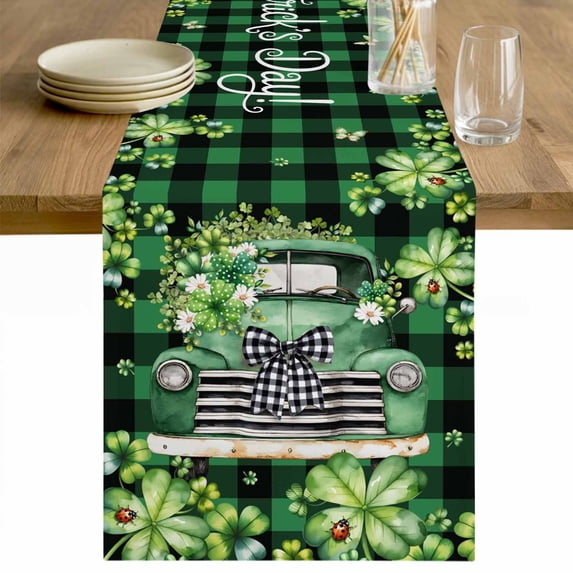 St. Patrick's Day Table Runner - 108 Inch Long Spring Green Truck Clovers Flowers Plaid Cotton and Linen Blended Dress Scarves Farmhouse Table Runner for Kitchen Dining, Coffee Table, 13" x 108"