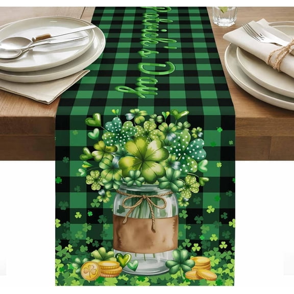 St. Patrick''s Day Table Runner 108 Inches Long, Green Clovers Coin Buffalo Plaid Kitchen Dining Burlap Linen Tablerunner for Small/Round/Square/Wedding/Coffee/Dining Table Party Home Décor 13 x 108