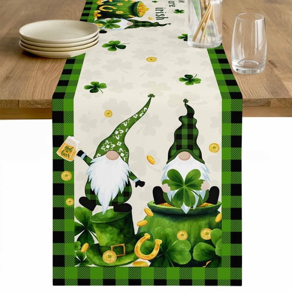 St. Patrick's Day Table Runner - 120 Inch Long Gnomes Shamrock Gold Coin Plaid Cotton and Linen Blended Dress Scarves Farmhouse Table Runner for Kitchen Dining, Coffee Table, 13" x 120"