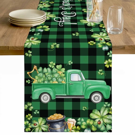 St. Patrick's Day Table Runner - 120 Inch Long Green Truck Lucky Shamrocks Farmhouse Check Cotton and Linen Blended Dress Scarves Farmhouse Table Runner for Kitchen Dining, Coffee Table, 13" x 120"