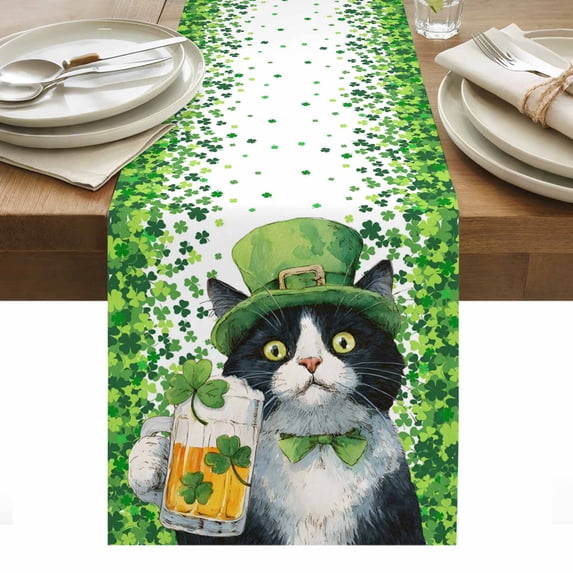 St. Patrick's Day Table Runner - 120 Inch Long, Kitchen Dining Table Runner Dresser Scarves, Spring Cute Cat Beer Green Clovers Farmhouse Decor for Coffee Tables Wedding Party Banquet