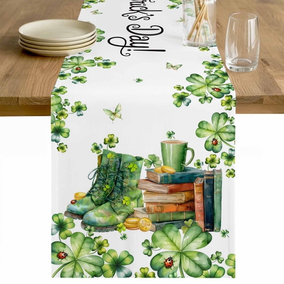 St. Patrick's Day Table Runner - 120 Inch Long Lucky Shamrocks Boots Books Green Plants Cotton and Linen Blended Dress Scarves Farmhouse Table Runner for Kitchen Dining, Coffee Table, 13" x 120"
