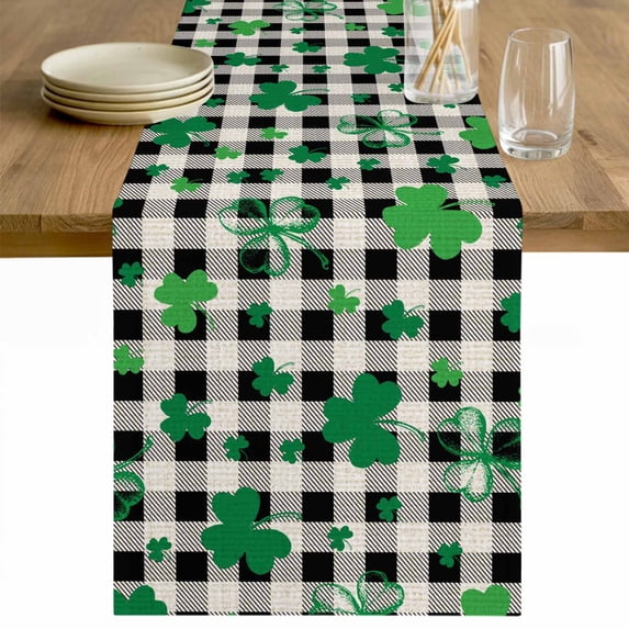 St. Patrick's Day Table Runner - 120 Inch Long Spring Green Shamrock Black Plaid Beige Cotton and Linen Blended Dress Scarves Farmhouse Table Runner for Kitchen Dining, Coffee Table, 13" x 120"