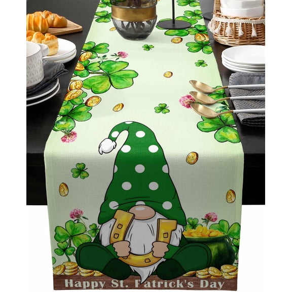 St. Patrick''s Day Table Runner 120 Inches Long for Dining Table, Gnomes Shamrocks Gold Coin Ombre Green Burlap Linen Farmhouse Tablerunners Washable Dresser Scarf for Kitchen Party