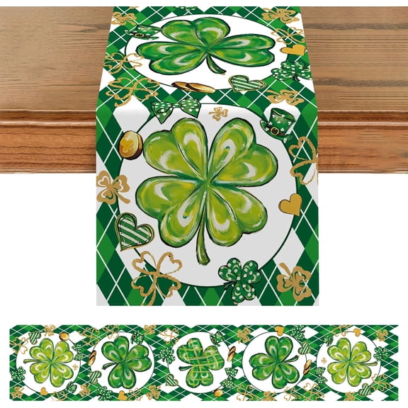 St. Patrick''s Day Table Runner, 13*72 Inch Green Shamrock Table Runner, Seasonal Spring Holiday Kitchen Dining Table Decoration for Indoor Home Party Decor (Shamrock)