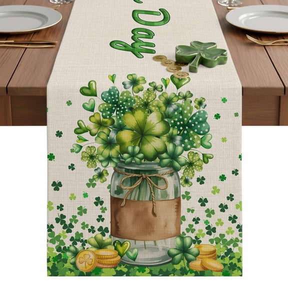 St. Patrick's Day Table Runner 13 x 108 Inch, Watercolor Spring Green Lucky Shamrock Vase Linen Texture Washable Cotton Linen Dining Table Runner Tabletop Decorations for Home Kitchen Party