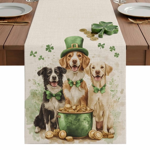 St. Patrick's Day Table Runner 13 x 36 Inch, Cute Dogs Washable Cotton Linen Dining Table Runner Tabletop Decorations for Restaurant Home Kitchen Party