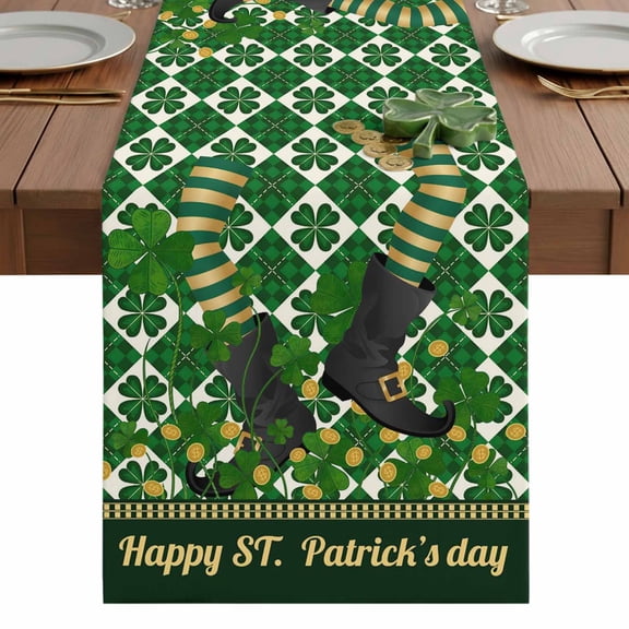 St. Patrick's Day Table Runner 13 x 36 Inch, Cute Legs Coin Green Shamrocks Plaid Washable Cotton Linen Dining Table Runner Tabletop Decorations for Restaurant Home Kitchen Party