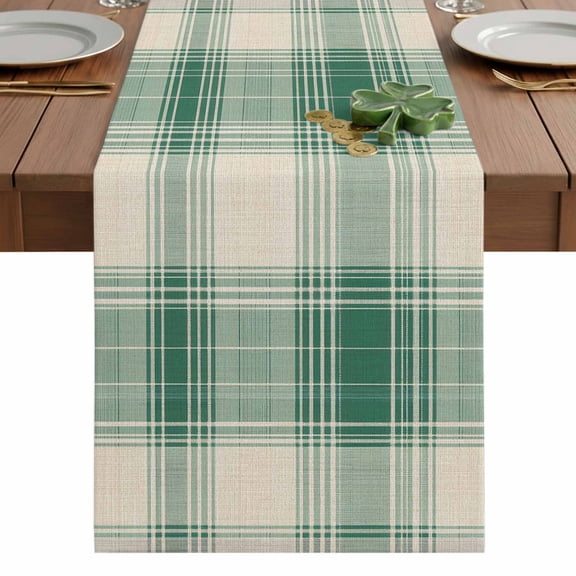St. Patrick's Day Table Runner 13 x 36 Inch, Green Buffalo Plaid Washable Cotton Linen Dining Table Runner Tabletop Decorations for Restaurant Home Kitchen Party