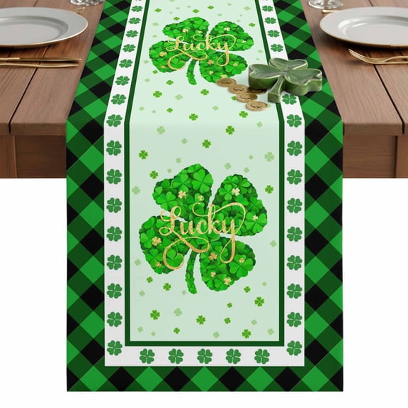 St. Patrick's Day Table Runner 13 x 36 Inch, Green Gold Lucky Shamrocks Plant Green Plaid Washable Cotton Linen Dining Table Runner Tabletop Decorations for Restaurant Home Kitchen Party