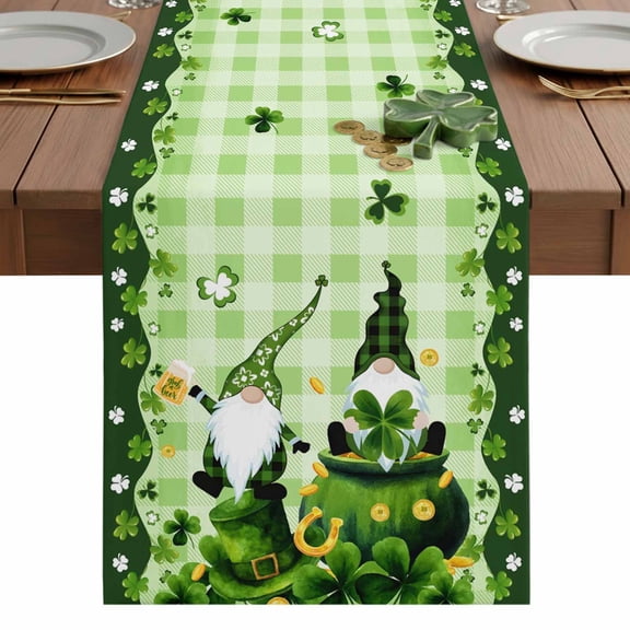 St. Patrick's Day Table Runner 13 x 36 Inch, Green Hat Gnome Lucky Shamrocks Coin Green Plaid Washable Cotton Linen Dining Table Runner Tabletop Decorations for Restaurant Home Kitchen Party