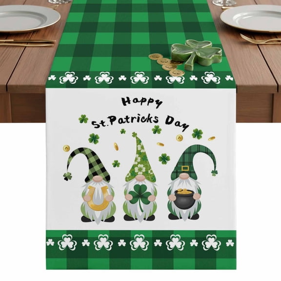 St. Patrick's Day Table Runner 13 x 36 Inch, Green Hat Gnome Lucky Shamrocks Coin Horseshoes Green Plaid Washable Cotton Linen Dining Table Runner Tabletop Decorations for Home Kitchen Party