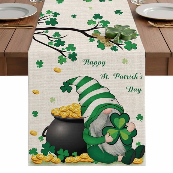 St. Patrick's Day Table Runner 13 x 36 Inch, Green Hat Gnome Lucky Shamrocks Tree Coin Linen Texture Washable Cotton Linen Dining Table Runner Tabletop Decorations for Restaurant Home Kitchen Party