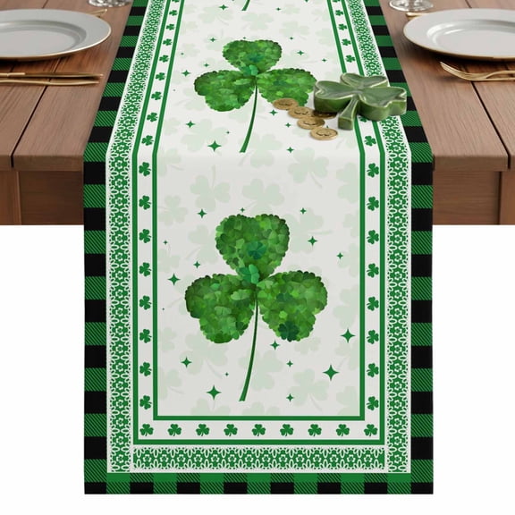 St. Patrick's Day Table Runner 13 x 36 Inch, Green Lucky Shamrocks Light Green Buffalo Plaid Washable Cotton Linen Dining Table Runner Tabletop Decorations for Restaurant Home Kitchen Party