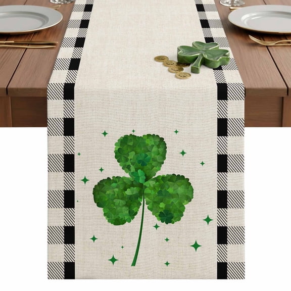 St. Patrick's Day Table Runner 13 x 36 Inch, Green Lucky Shamrocks Linen Texture Black Plaid Washable Cotton Linen Dining Table Runner Tabletop Decorations for Restaurant Home Kitchen Party