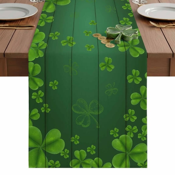 St. Patrick's Day Table Runner 13 x 36 Inch, Green Lucky Shamrocks Plant Green Wood Grain Washable Cotton Linen Dining Table Runner Tabletop Decorations for Restaurant Home Kitchen Party