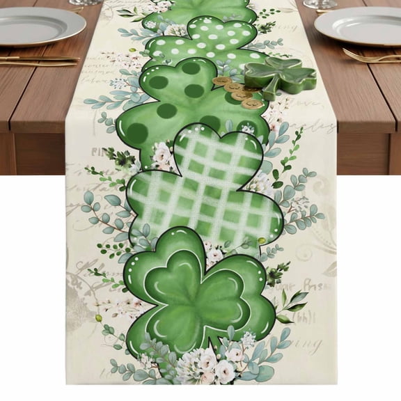 St. Patrick's Day Table Runner 13 x 36 Inch, Green Shamrocks Eucalyptus Leaf Beige Washable Cotton Linen Dining Table Runner Tabletop Decorations for Restaurant Home Kitchen Party