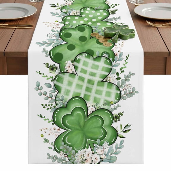 St. Patrick's Day Table Runner 13 x 36 Inch, Green Shamrocks Eucalyptus Leaf Washable Cotton Linen Dining Table Runner Tabletop Decorations for Restaurant Home Kitchen Party