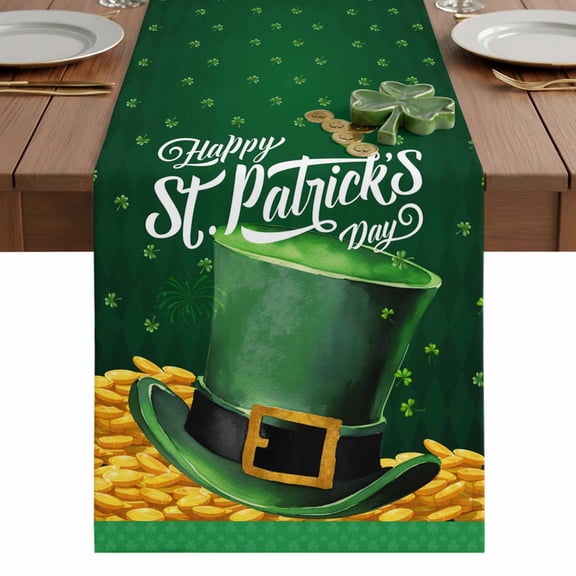 St. Patrick's Day Table Runner 13 x 36 Inch, Oil Painting Green Hat Shamrocks Golden Coin Dark Green Washable Cotton Linen Dining Table Runner Tabletop Decorations for Restaurant Home Kitchen Party
