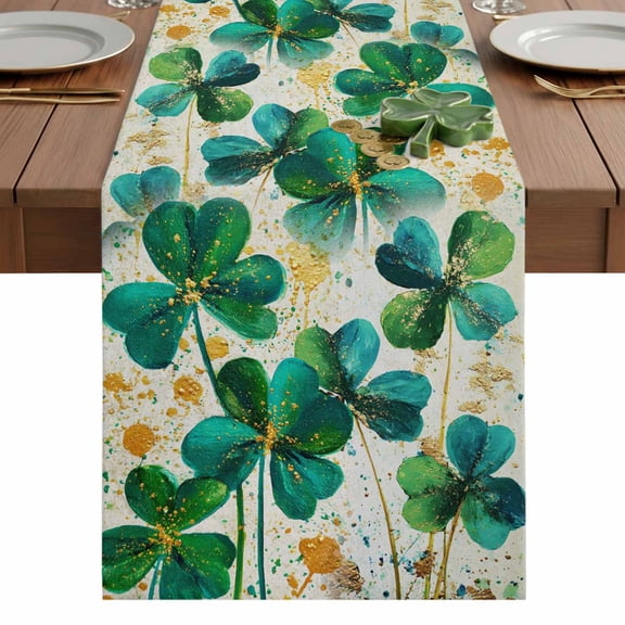 St. Patrick's Day Table Runner 13 x 36 Inch, Oil-Painting Spring Blue Green Gold Lucky Shamrocks Washable Cotton Linen Dining Table Runner Tabletop Decorations for Restaurant Home Kitchen Party